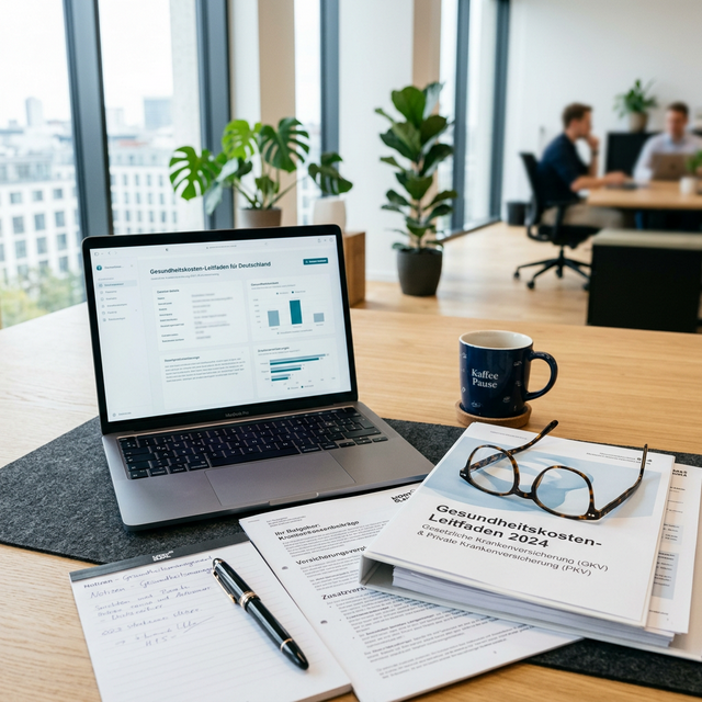 Moderner Büroarbeitsplatz mit Laptop, Kaffeetasse und Gesundheitskosten-Unterlagen