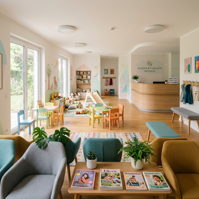 Helles, modernes Wartezimmer einer Kinder- und Familienpraxis mit bunten Möbeln und Spielbereich