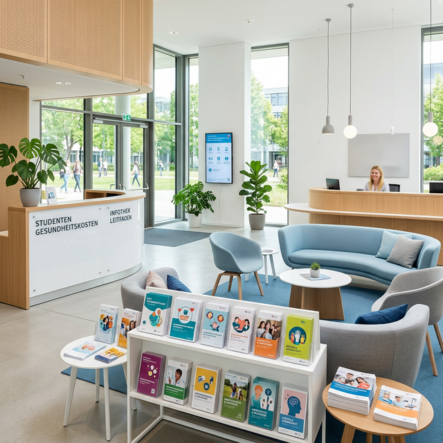 Helles, modernes Gesundheitszentrum auf einem Universitätscampus mit Informationsbroschüren