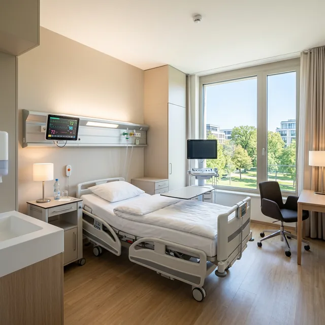 Modernes Krankenzimmer mit verstellbarem Bett, Patientenmonitor und großem Fenster