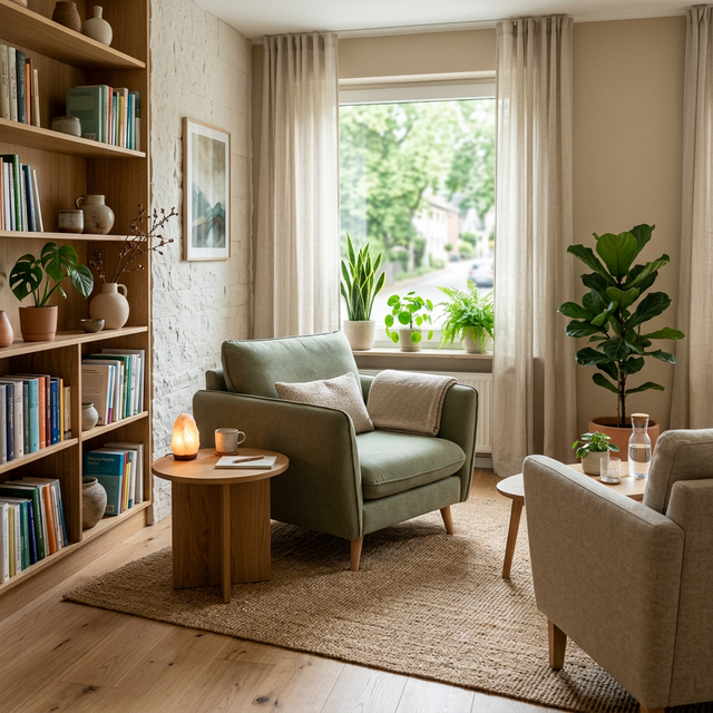 Ruhiger, einladender Therapieraum mit grünem Sessel, Bücherregal und Zimmerpflanzen
