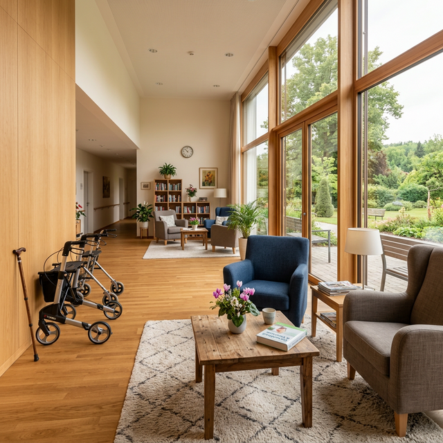 Heller Gemeinschaftsraum einer modernen Pflegeeinrichtung mit Sesseln, Rollator und großen Fenstern