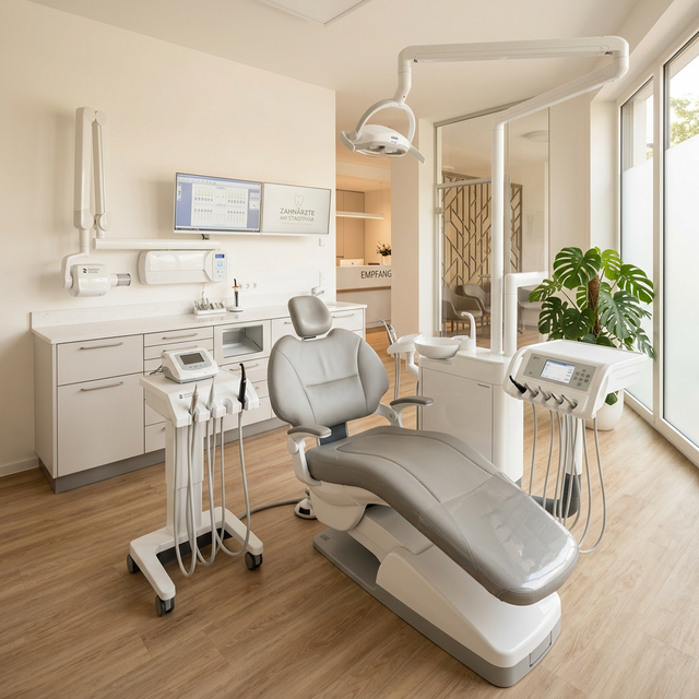Modernes Behandlungszimmer einer Zahnarztpraxis mit Behandlungsstuhl und professioneller Ausstattung