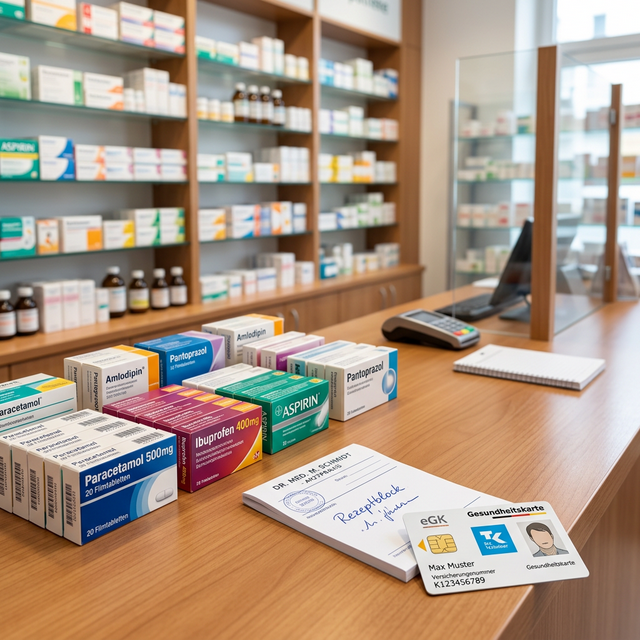Apotheken-Tresen mit Medikamenten, Rezeptblock und Gesundheitskarte